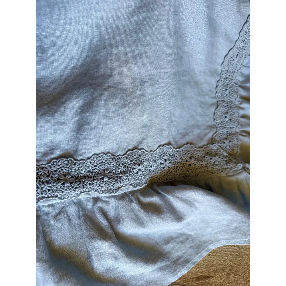 GreenRow Shabby Chic Pearl Blue Linen Ruffle Crochet Set of 2 Queen Pillow Cases